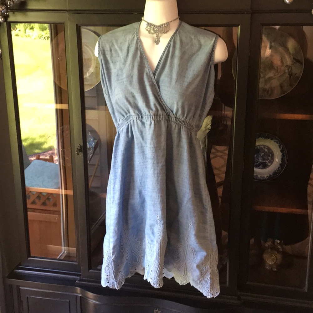 Adorable Denim Dress Embroidered Scalloped Hemline